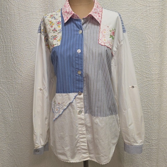 Colorful Patchwork Button-Up Shirt Blue White Pink Handkerchief Grandma Cottage - Picture 11 of 15